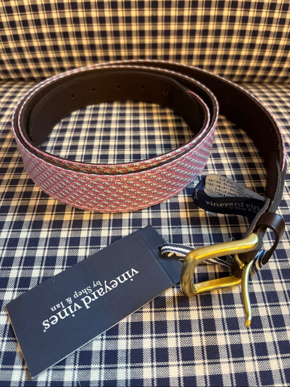 Vineyard Vines Pink Whale-Print Leather Belt with Gold Buckle